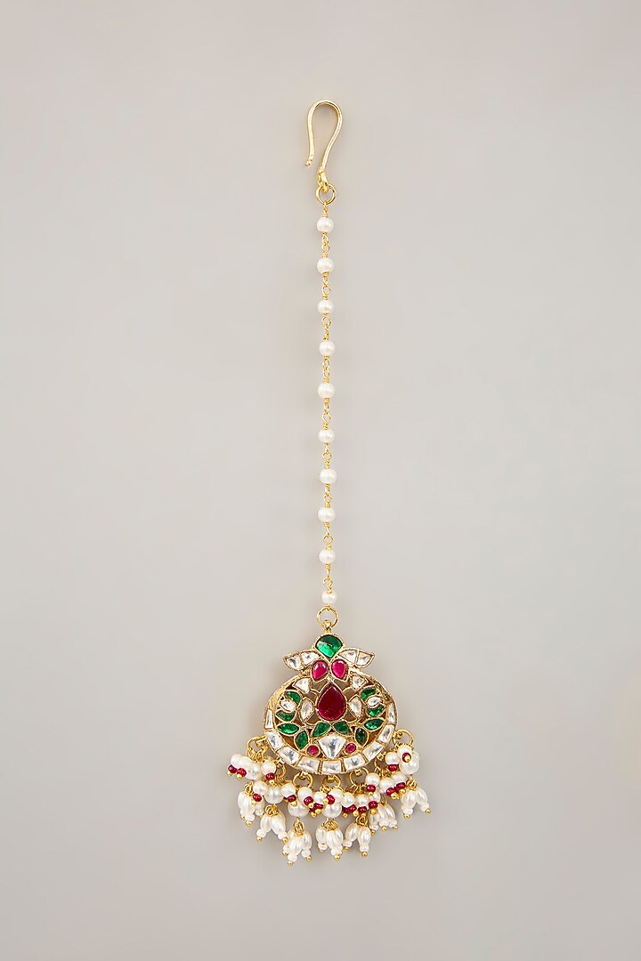 Gold Plated Jadau Kundan Polki & Natural Semi-precious Stone Dangler Earrings With Maangtikka by Shlok Jewels at Pernia's Pop Up Shop