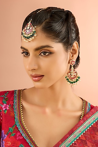 Gold Plated Jadau Kundan Polki & Natural Semi-precious Stone Dangler Earrings With Maangtikka by Shlok Jewels