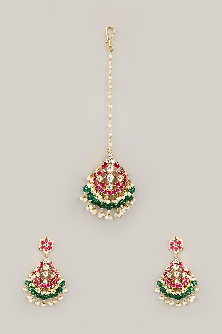 Gold Plated Jadau Kundan Polki & Natural Semi-precious Stone Dangler Earrings With Maangtikka by Shlok Jewels at Pernia's Pop Up Shop