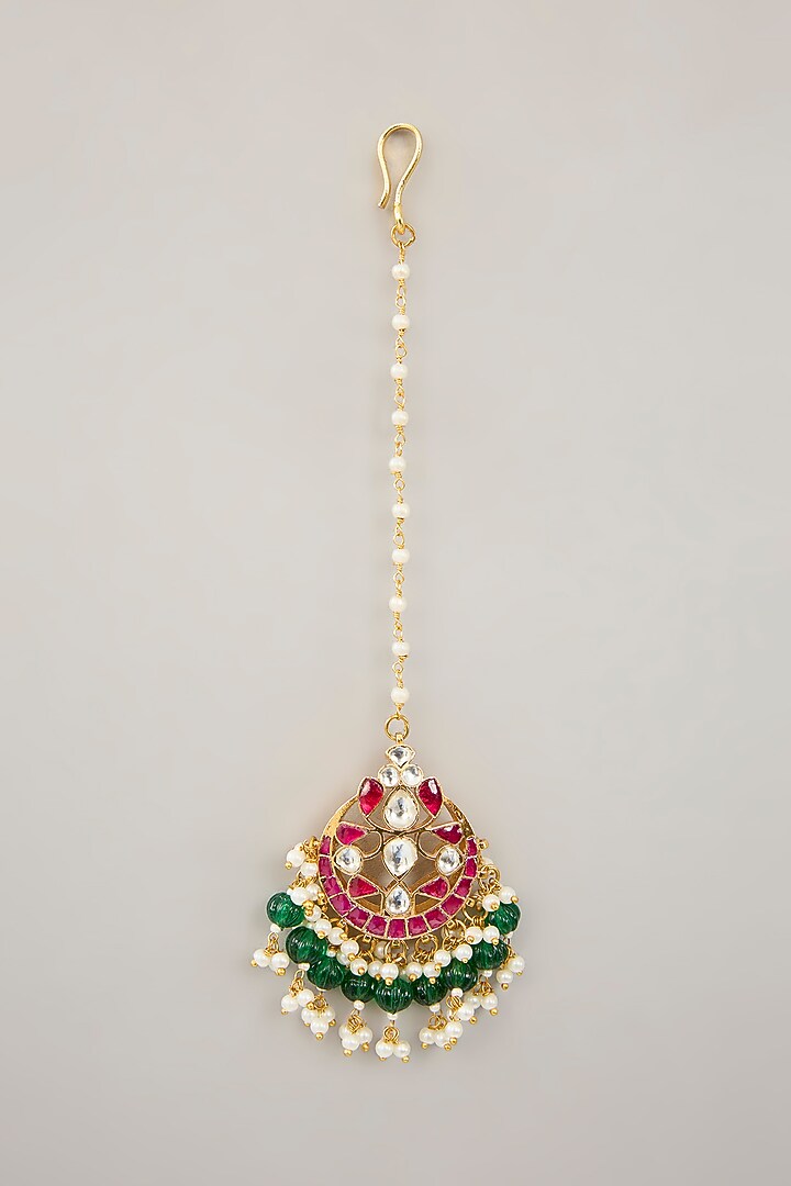 Gold Plated Jadau Kundan Polki & Natural Semi-precious Stone Dangler Earrings With Maangtikka by Shlok Jewels at Pernia's Pop Up Shop