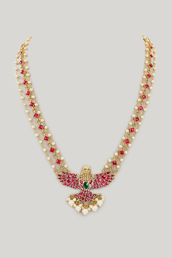 Gold Plated Jadau Kundan Polki & Natural Gemstone Long Necklace by Shlok Jewels at Pernia's Pop Up Shop