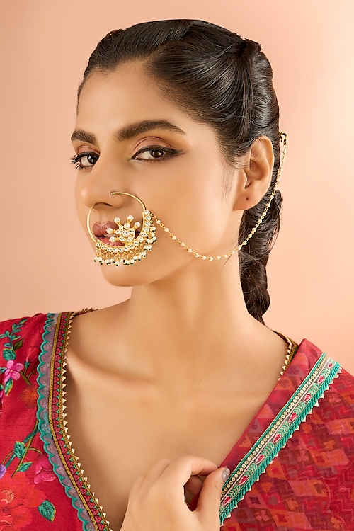 Gold Plated Jadau Kundan Polki & Natural Gemstone Nose Ring by Shlok Jewels