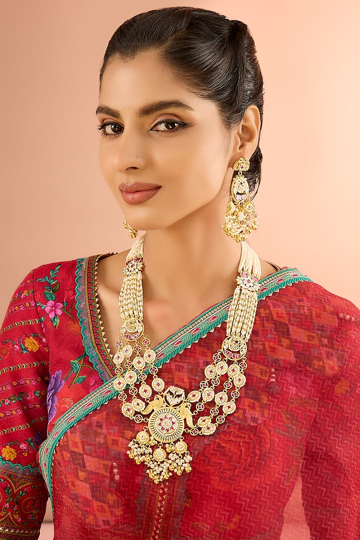 Gold Plated Jadau Kundan Polki & Natural Semi-precious Stone Long Necklace Set by Shlok Jewels at Pernia's Pop Up Shop