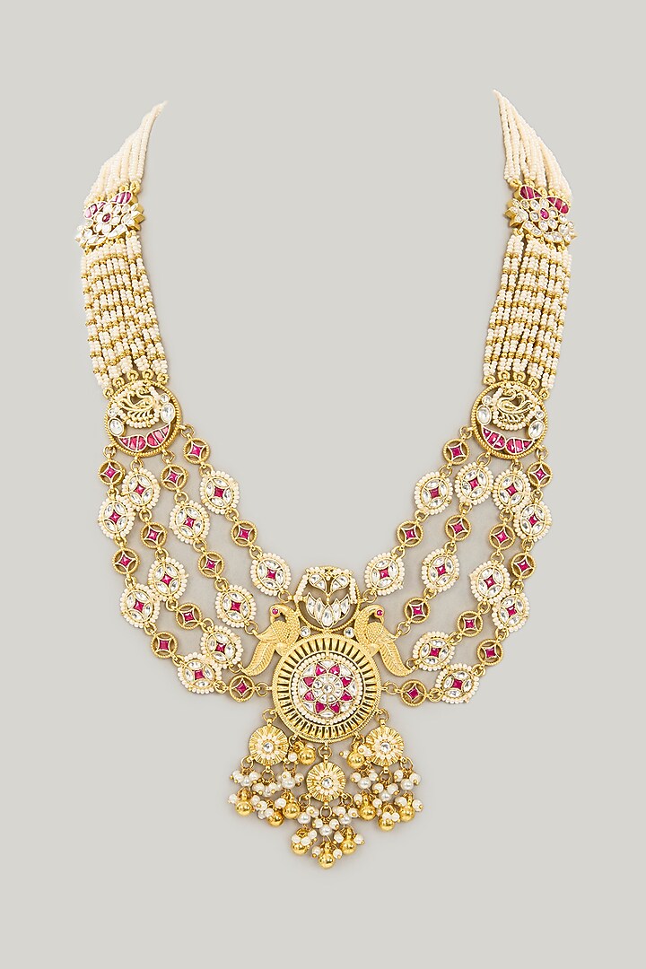 Gold Plated Jadau Kundan Polki & Natural Semi-precious Stone Long Necklace Set by Shlok Jewels at Pernia's Pop Up Shop