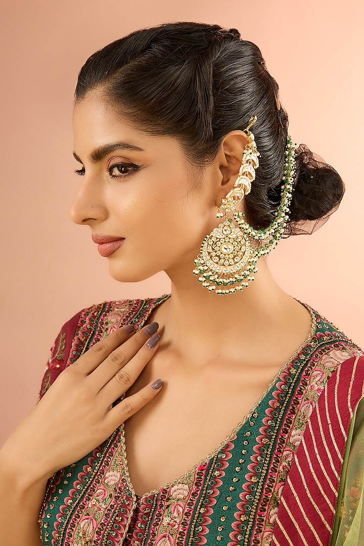Gold Plated Jadau kundan Polki & Natural Gemstone Chandbali Earrings by Shlok Jewels at Pernia's Pop Up Shop