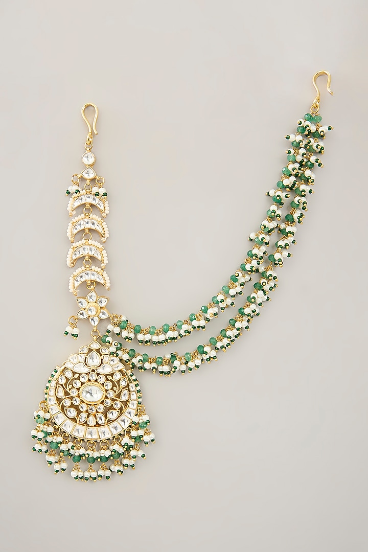 Gold Plated Jadau kundan Polki & Natural Gemstone Chandbali Earrings by Shlok Jewels at Pernia's Pop Up Shop