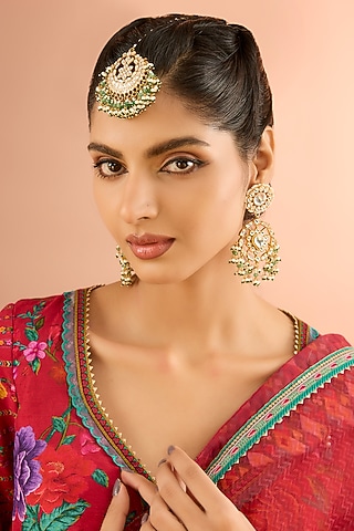 Gold Plated Jadau Kundan Polki & Natural Semi-precious Stone Dangler Earrings With Maangtikka by Shlok Jewels