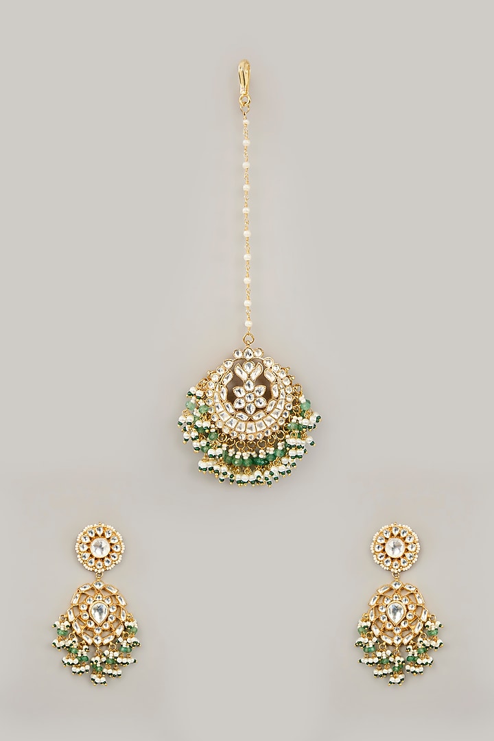 Gold Plated Jadau Kundan Polki & Natural Semi-precious Stone Dangler Earrings With Maangtikka by Shlok Jewels at Pernia's Pop Up Shop