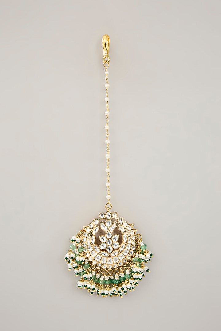 Gold Plated Jadau Kundan Polki & Natural Semi-precious Stone Dangler Earrings With Maangtikka by Shlok Jewels at Pernia's Pop Up Shop