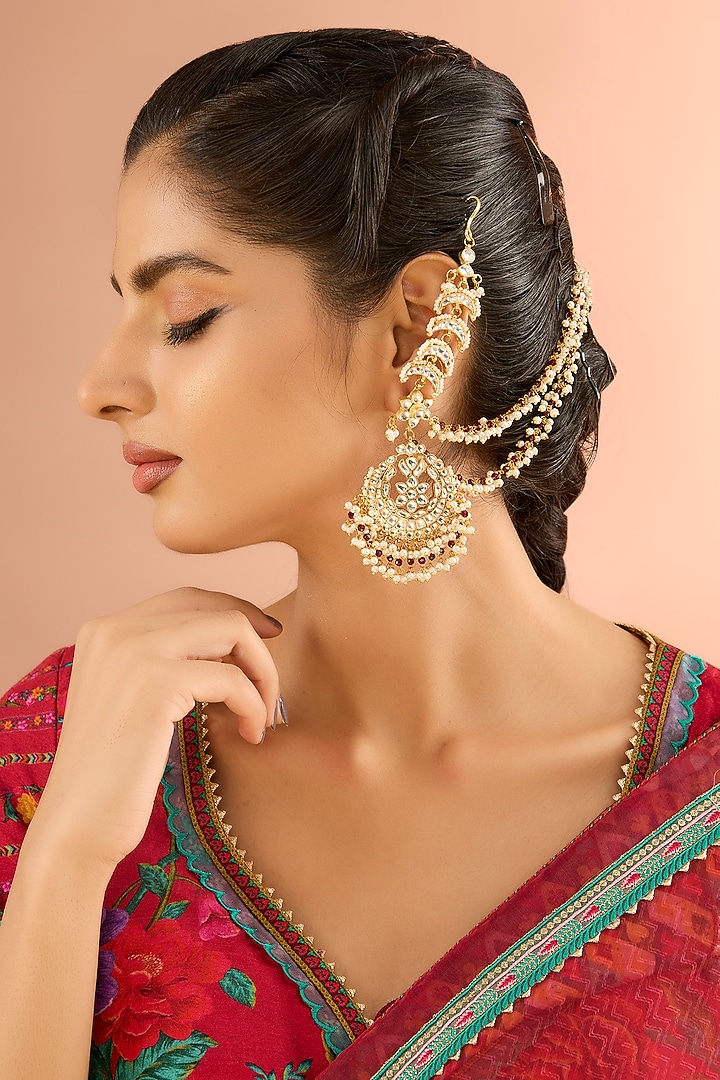 Gold Plated Jadau kundan Polki & Natural Gemstone Chandbali Earrings by Shlok Jewels at Pernia's Pop Up Shop