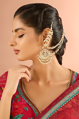 Gold Plated Jadau kundan Polki & Natural Gemstone Chandbali Earrings by Shlok Jewels