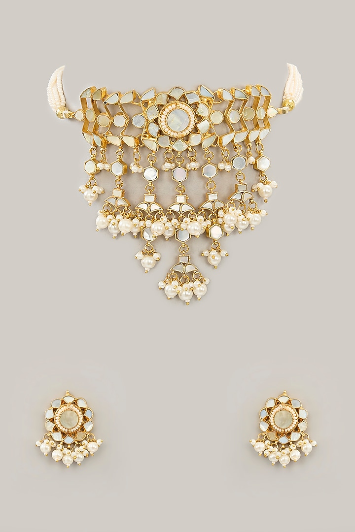 Gold Plated Mother Of Pearl & Natural Semi-precious Stone Choker Necklace Set by Shlok Jewels at Pernia's Pop Up Shop