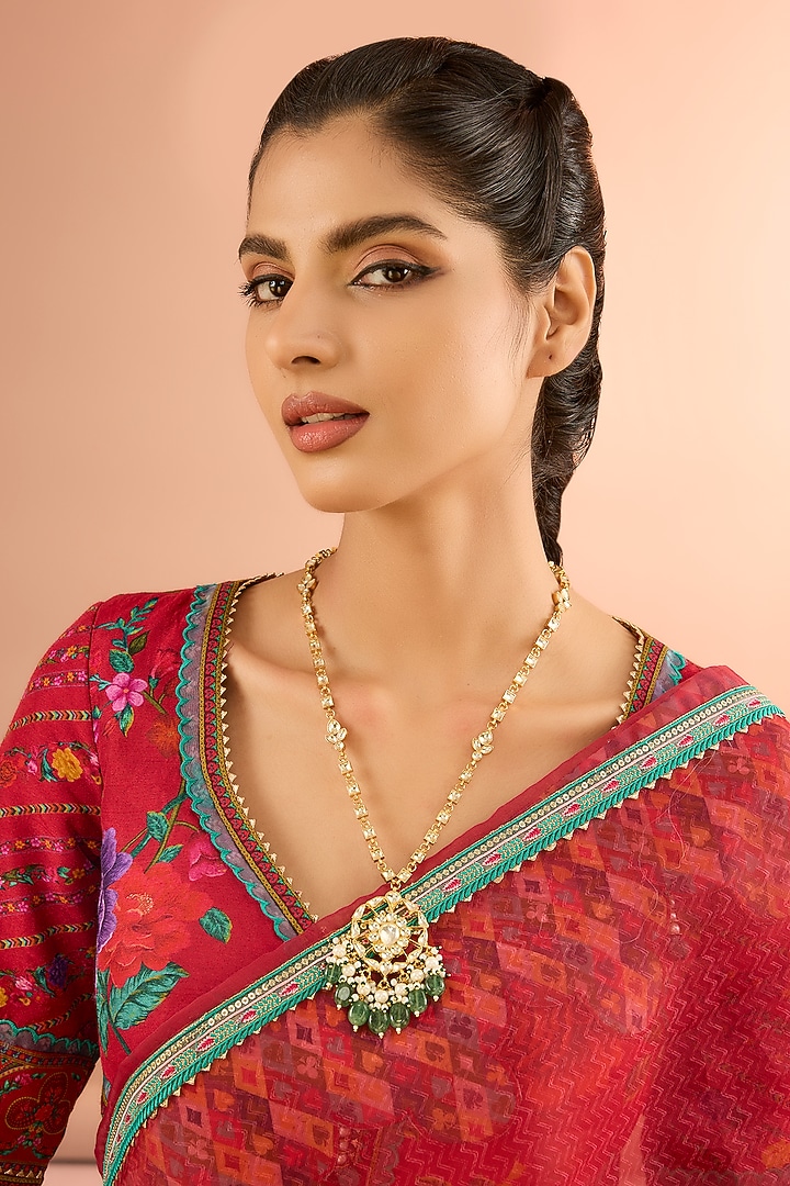 Gold Plated Jadau Kundan Polki & Natural Gemstone Long Pendant Necklace by Shlok Jewels at Pernia's Pop Up Shop