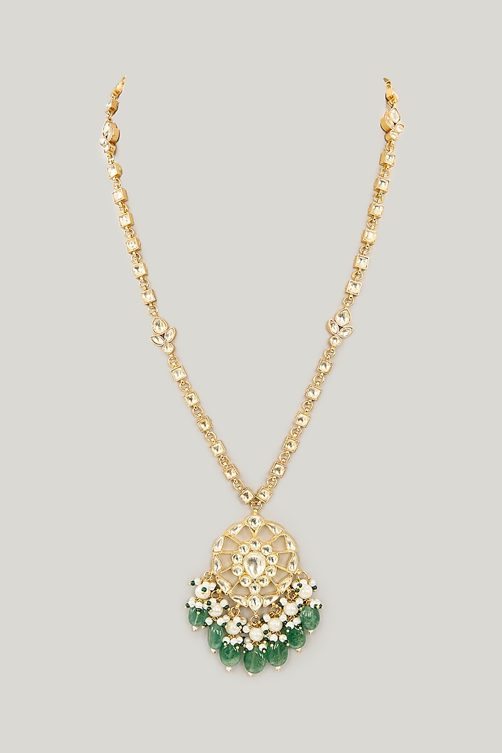Gold Plated Jadau Kundan Polki & Natural Gemstone Long Pendant Necklace by Shlok Jewels at Pernia's Pop Up Shop