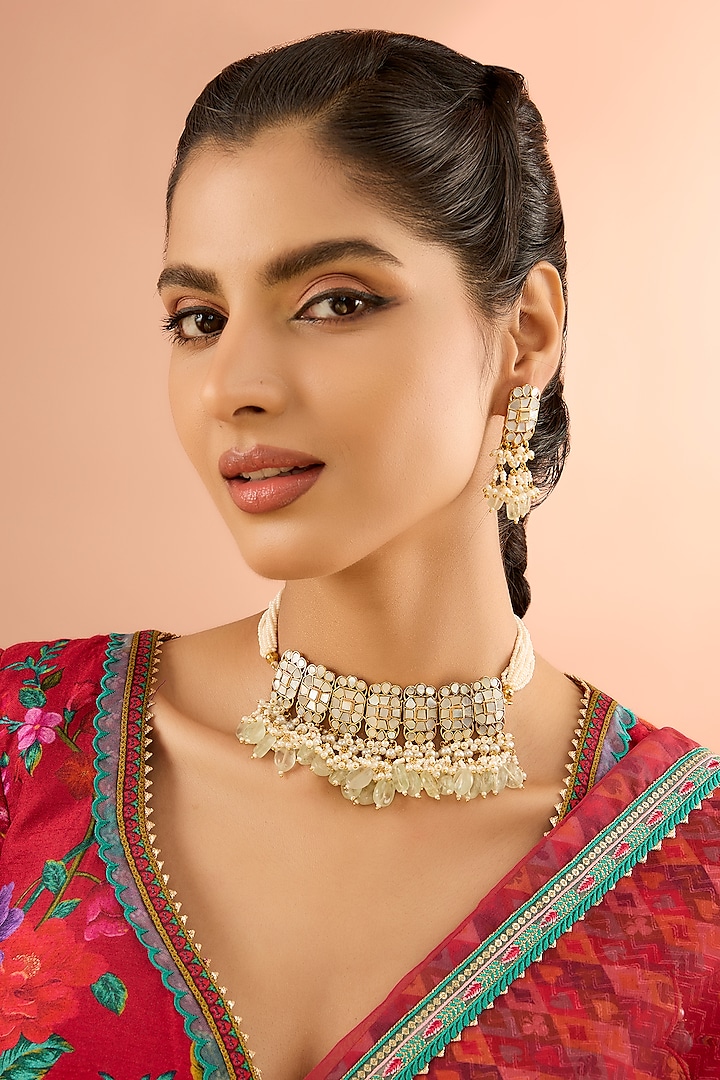 Gold Plated Jadau Kundan Polki & Natural Semi-precious Stone Choker Necklace Set by Shlok Jewels at Pernia's Pop Up Shop