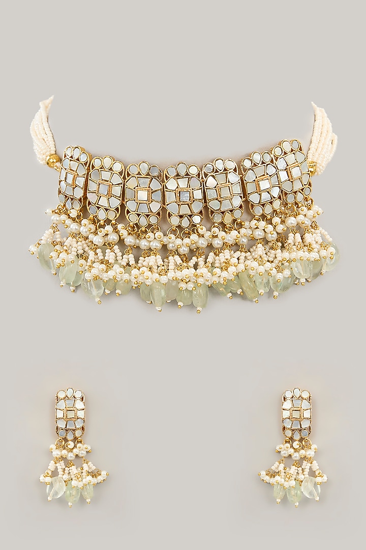 Gold Plated Jadau Kundan Polki & Natural Semi-precious Stone Choker Necklace Set by Shlok Jewels at Pernia's Pop Up Shop