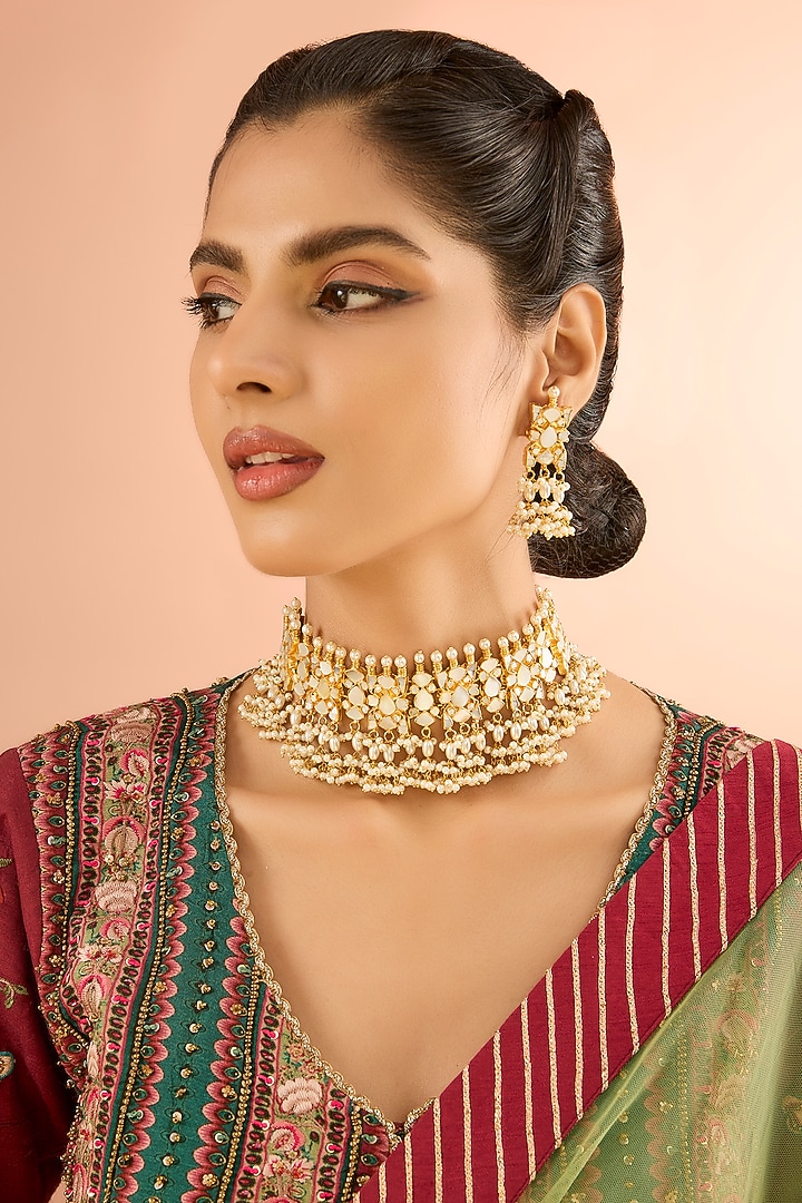 Gold Plated Mother Of Pearl & Natural Semi-precious Stone Choker Necklace Set by Shlok Jewels at Pernia's Pop Up Shop