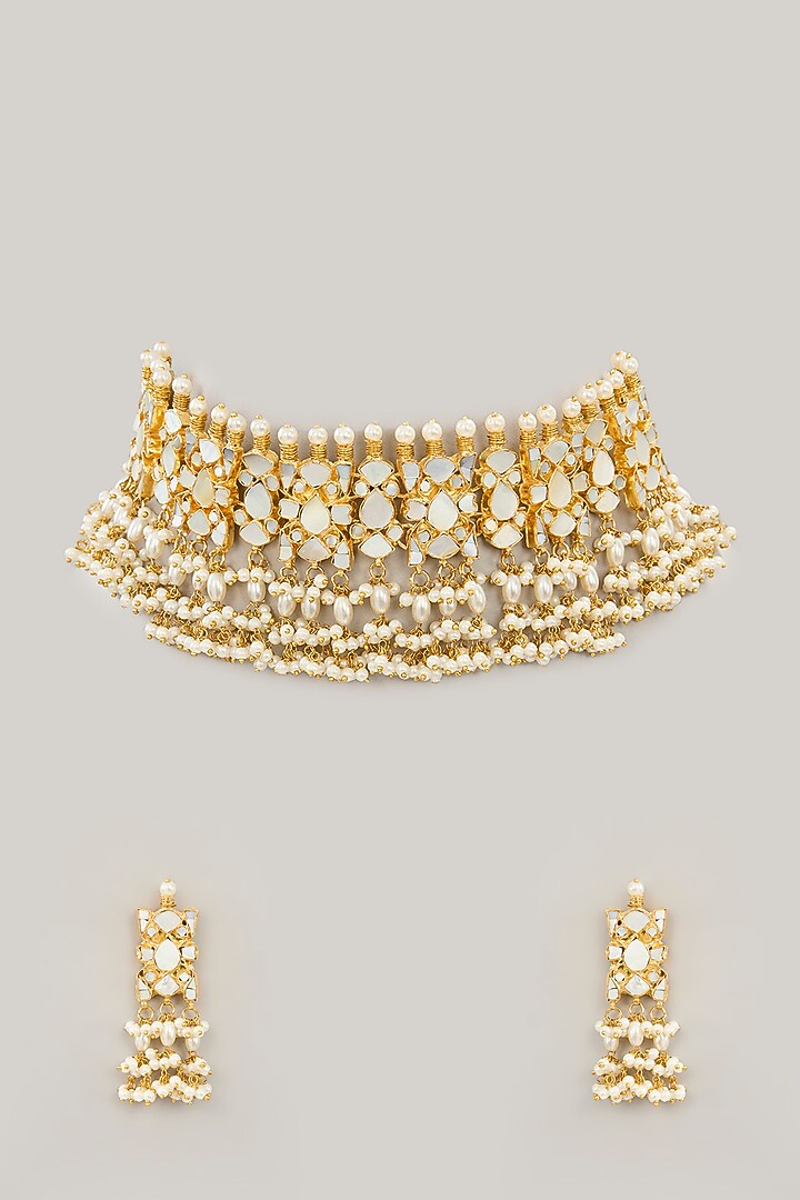 Gold Plated Mother Of Pearl & Natural Semi-precious Stone Choker Necklace Set by Shlok Jewels at Pernia's Pop Up Shop