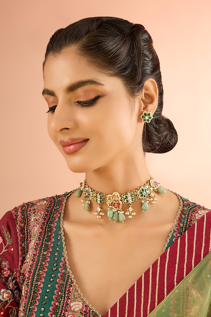 Gold Plated Jadau Kundan Polki & Natural Semi-precious Stone Choker Necklace Set by Shlok Jewels at Pernia's Pop Up Shop