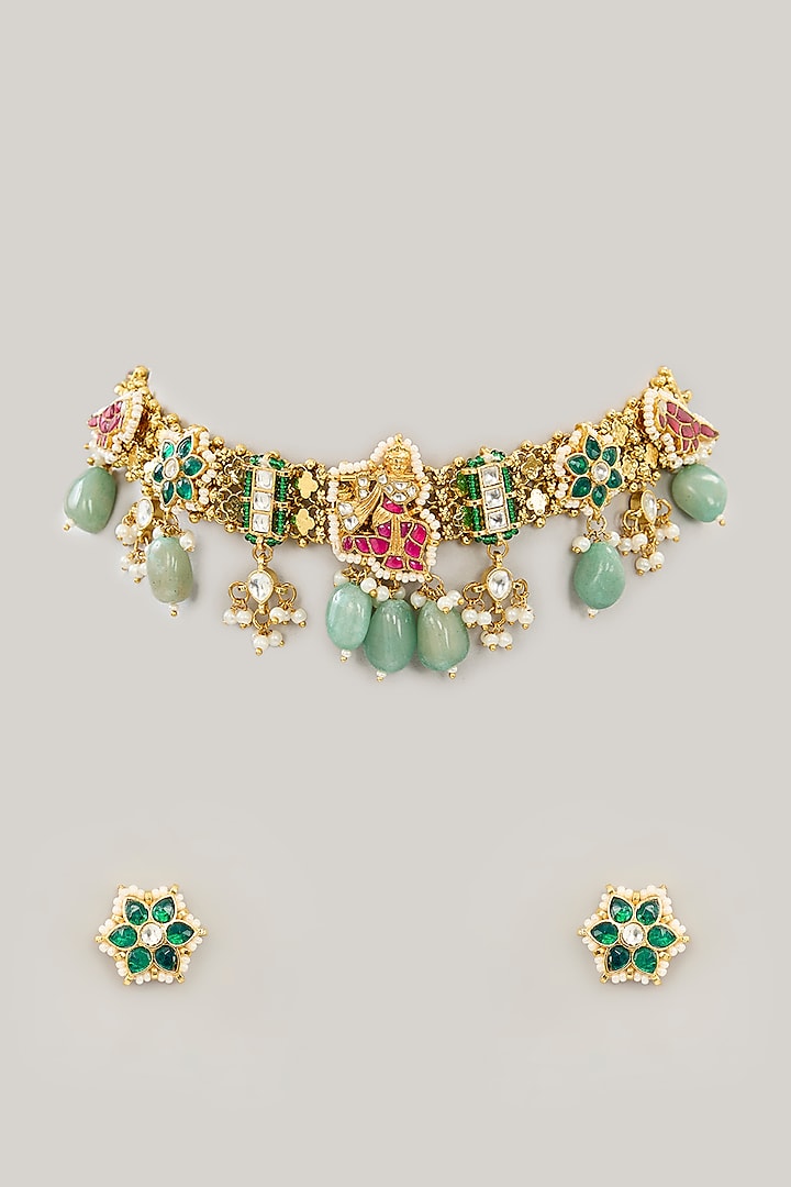 Gold Plated Jadau Kundan Polki & Natural Semi-precious Stone Choker Necklace Set by Shlok Jewels at Pernia's Pop Up Shop
