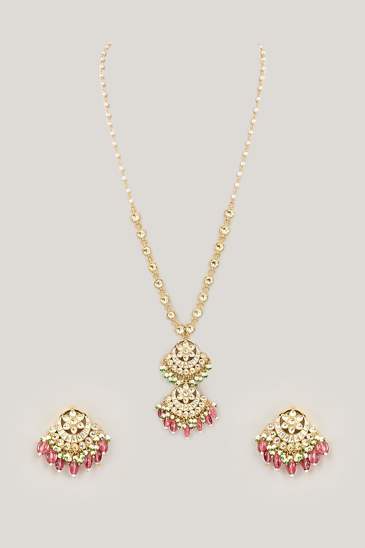 Gold Plated Jadau Kundan Polki & Natural Gemstone Long Pendant necklace Set by Shlok Jewels at Pernia's Pop Up Shop