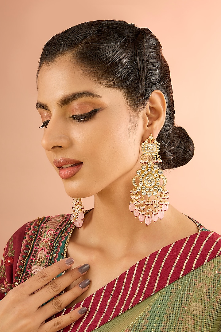 Gold Plated Jadau Kundan Polki & Natural Gemstone Chandbali Earrings by Shlok Jewels