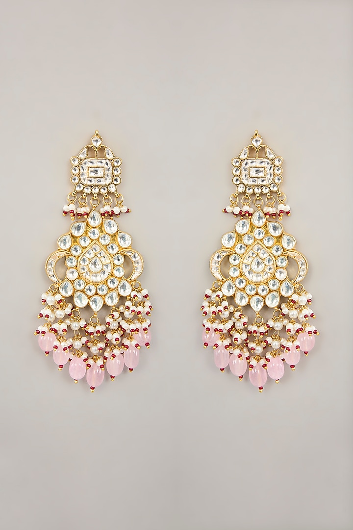 Gold Plated Jadau Kundan Polki & Natural Gemstone Chandbali Earrings by Shlok Jewels at Pernia's Pop Up Shop