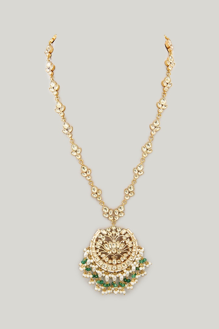 Gold Plated Jadau Kundan Polki & Natural Gemstone Long Necklace by Shlok Jewels at Pernia's Pop Up Shop