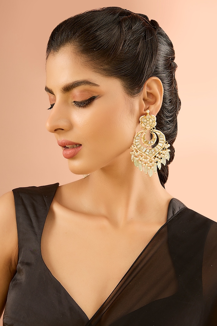 Gold Plated Mother Of Pearl & Natural Gemstone Chandbali Earrings by Shlok Jewels