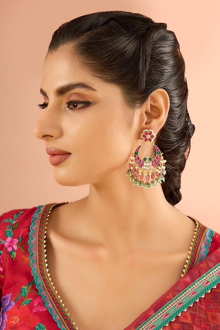 Gold Plated Jadau Kundan Polki & Natural Gemstone Chandbali Earrings by Shlok Jewels