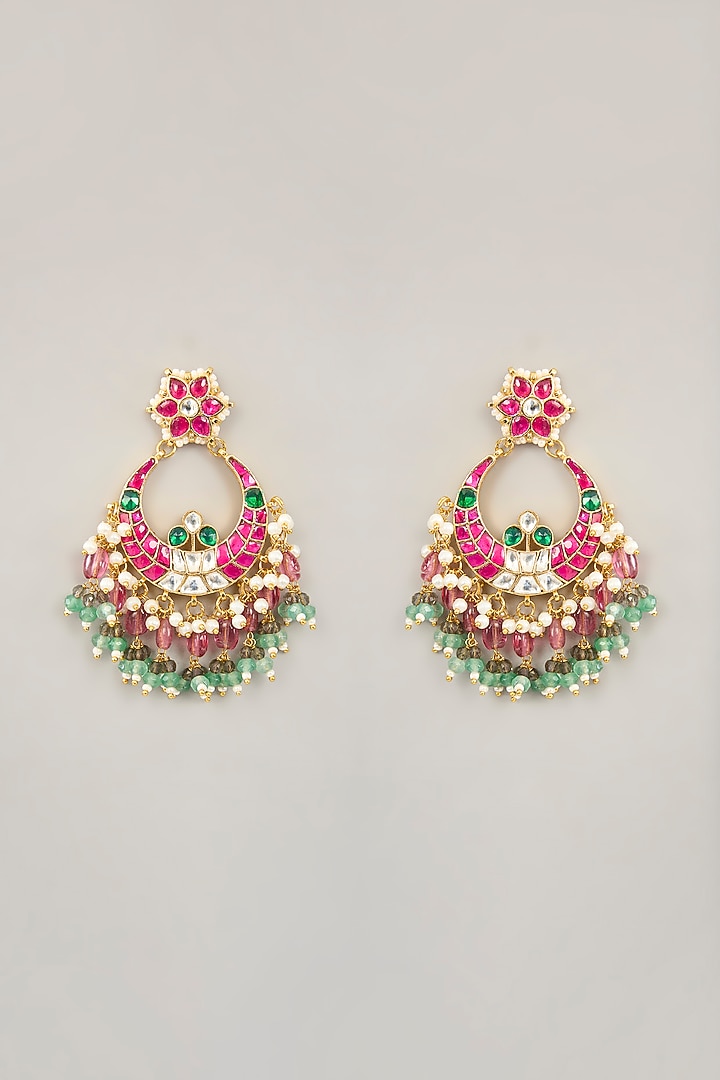 Gold Plated Jadau Kundan Polki & Natural Gemstone Chandbali Earrings by Shlok Jewels at Pernia's Pop Up Shop