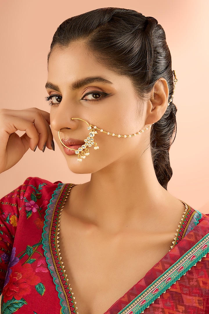 Gold Plated Jadau Kundan Polki & Natural Gemstone Nose Ring by Shlok Jewels