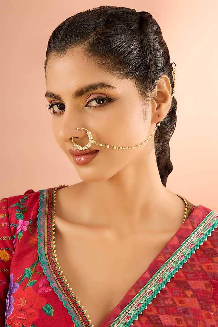 Gold Plated Jadau Kundan Polki & Natural Gemstone Nose Ring by Shlok Jewels