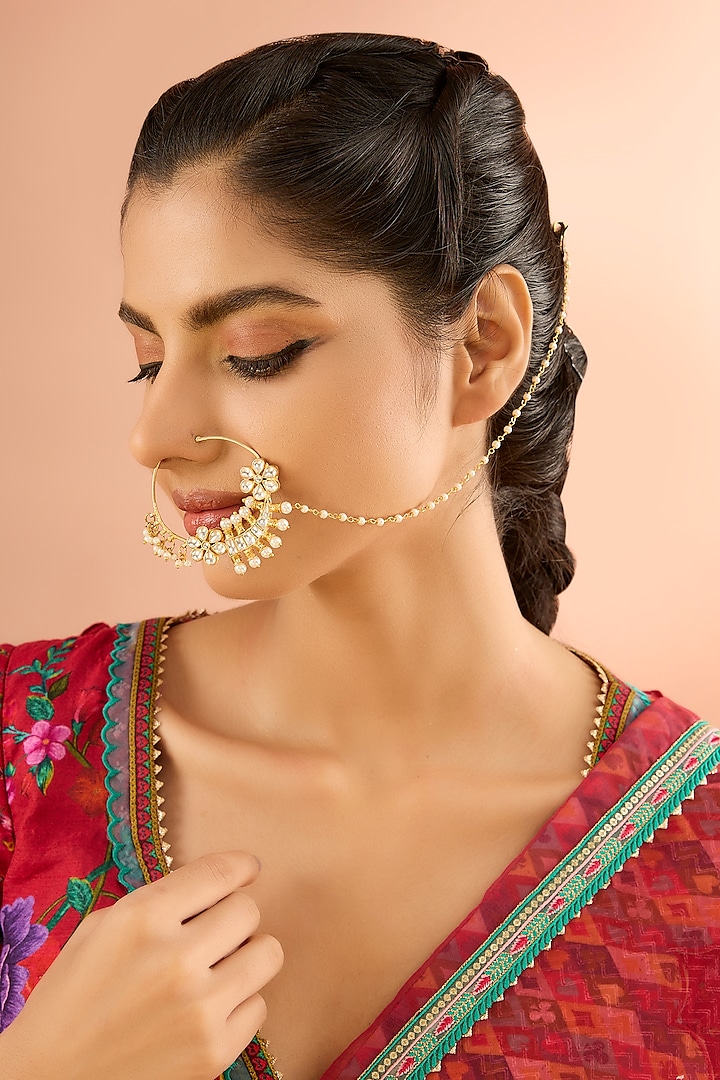 Gold Plated Jadau Kundan Polki & Natural Gemstone Nose Ring by Shlok Jewels