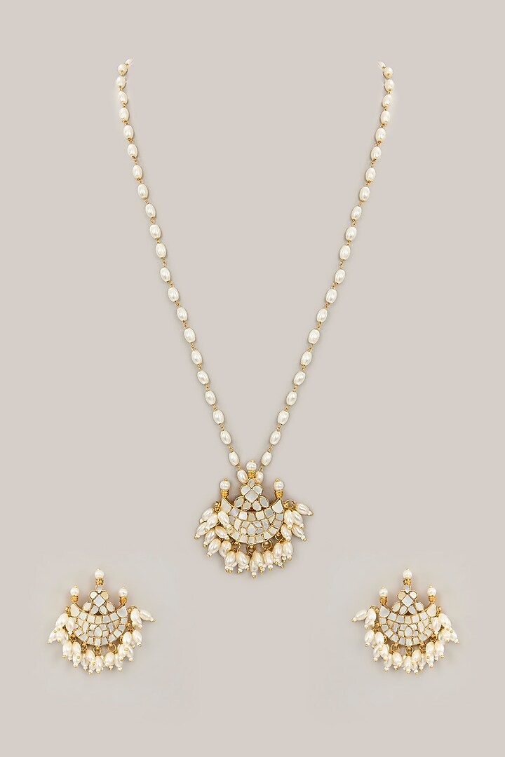 Gold Plated Mother of pearl & Natural Gemstone Long Pendant Necklace Set by Shlok Jewels at Pernia's Pop Up Shop