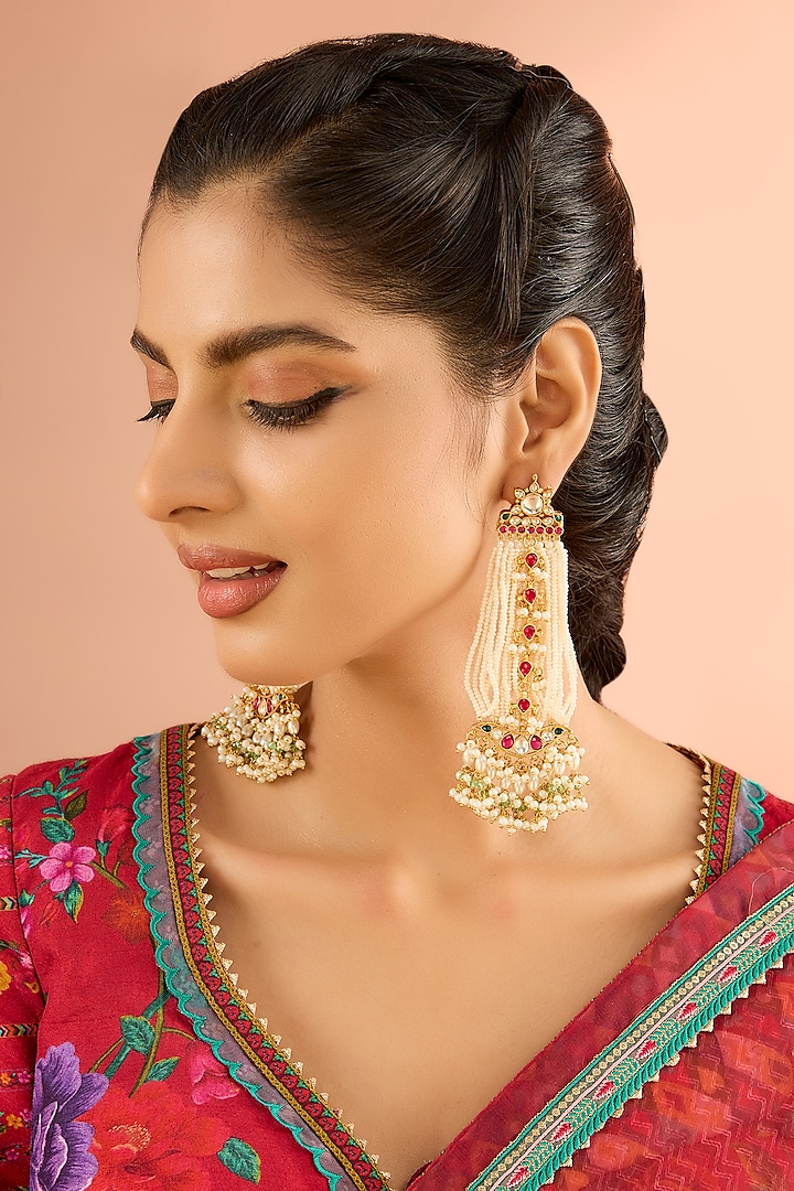 Gold Plated Jadau Kundan Polki & Natural Gemstone Dangler Earrings by Shlok Jewels