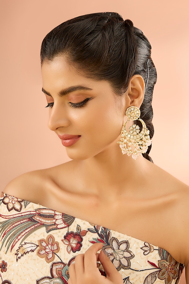 Gold Plated Mother Of Pearl & Natural Gemstone Chandbali Earrings by Shlok Jewels