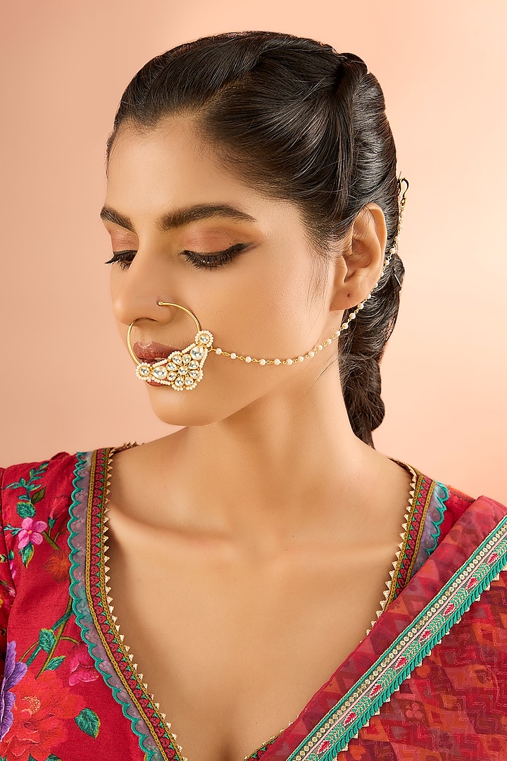 Gold Plated Jadau Kundan Polki & Natural Gemstone Nose Ring by Shlok Jewels