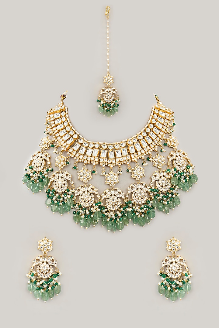 Gold Plated Jadau Kundan Polki & Natural Gemstone Necklace Set by Shlok Jewels at Pernia's Pop Up Shop