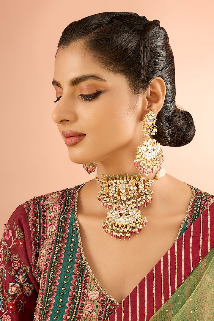 Gold Plated Jadau Kundan Polki & Natural Gemstone Choker Necklace Set by Shlok Jewels at Pernia's Pop Up Shop