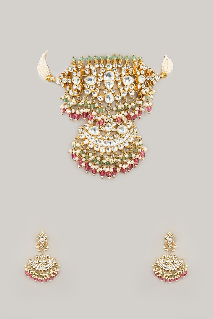Gold Plated Jadau Kundan Polki & Natural Gemstone Choker Necklace Set by Shlok Jewels at Pernia's Pop Up Shop