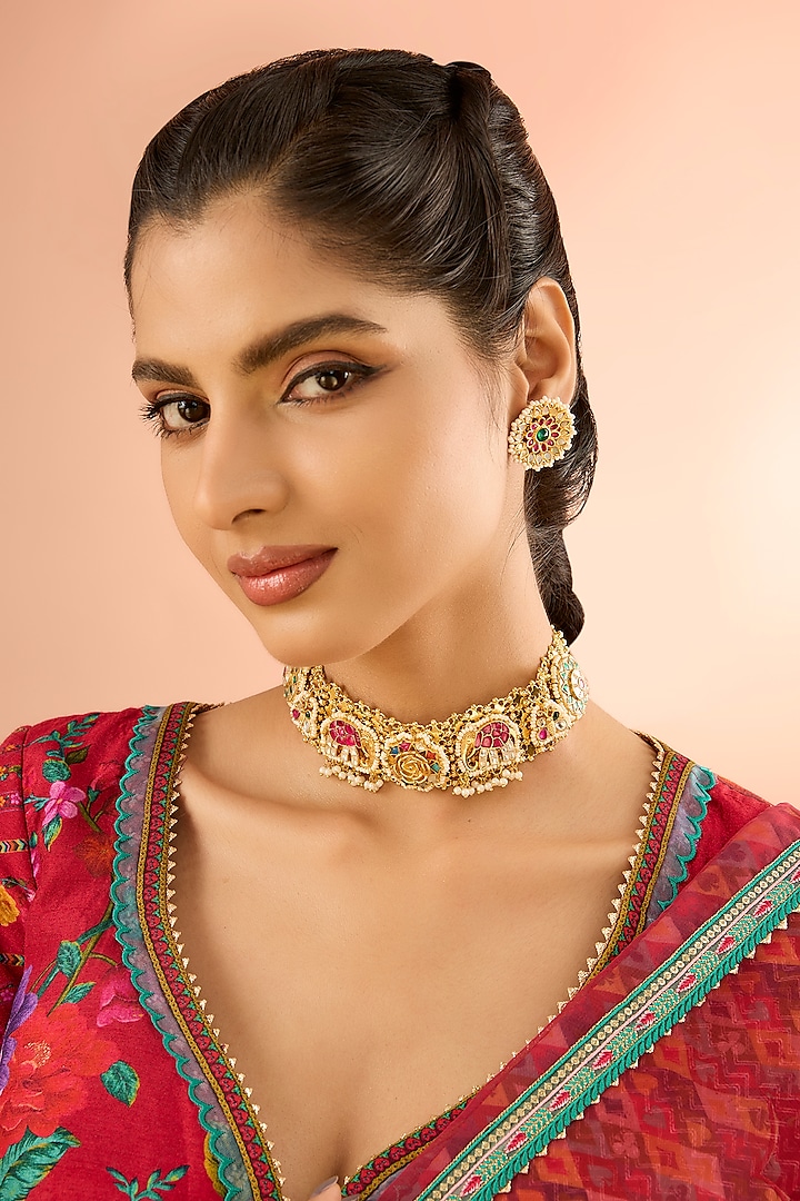 Gold Plated Jadau Kundan Polki & Natural Gemstone Choker Necklace Set by Shlok Jewels