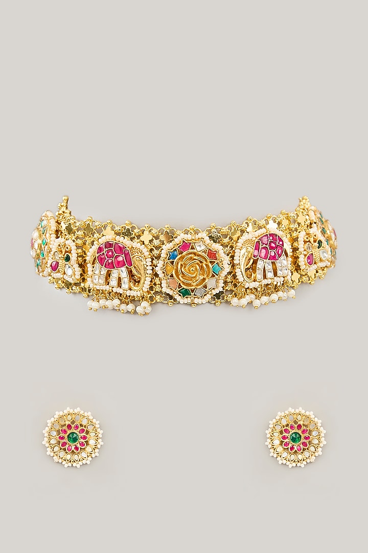 Gold Plated Jadau Kundan Polki & Natural Gemstone Choker Necklace Set by Shlok Jewels at Pernia's Pop Up Shop
