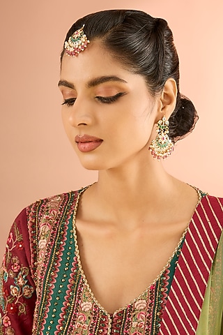 Gold Plated Jadau Kundan Polki & Natural Gemstone Dangler Earrings With Maangtikka by Shlok Jewels