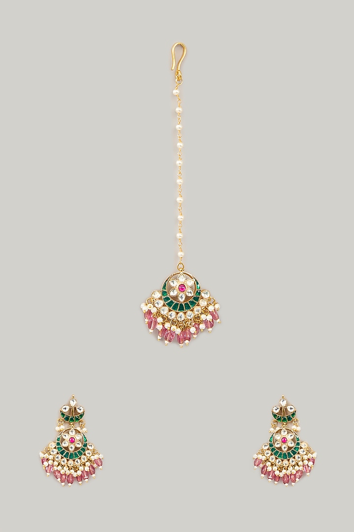 Gold Plated Jadau Kundan Polki & Natural Gemstone Dangler Earrings With Maangtikka by Shlok Jewels at Pernia's Pop Up Shop