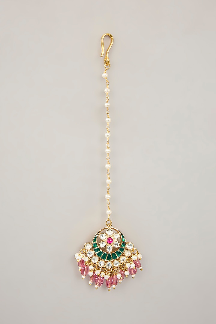 Gold Plated Jadau Kundan Polki & Natural Gemstone Dangler Earrings With Maangtikka by Shlok Jewels at Pernia's Pop Up Shop