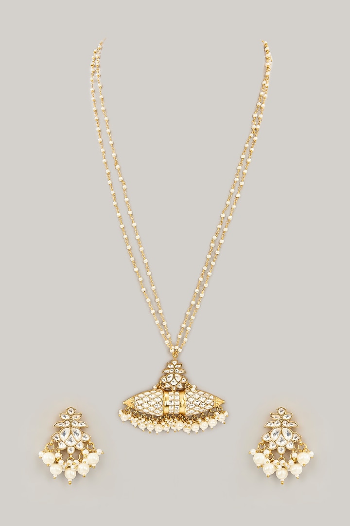 Gold Plated Jadau Kundan Polki & Natural Gemstone Long Necklace Set by Shlok Jewels at Pernia's Pop Up Shop