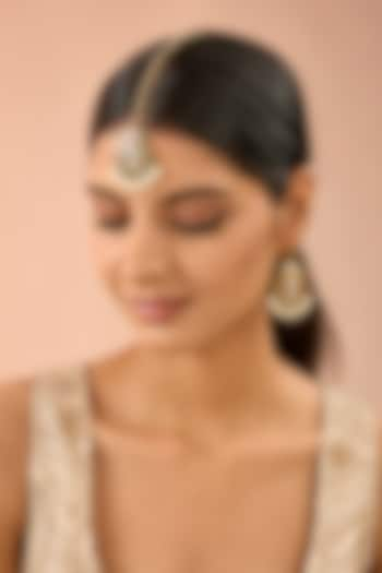 Gold Plated Jadau Kundan Polki & Natural Gemstone Dangler Earrings With Maangtikka by Shlok Jewels at Pernia's Pop Up Shop