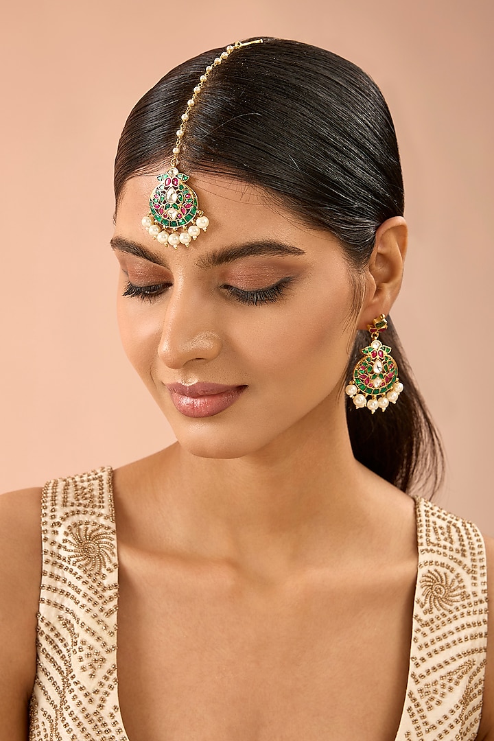 Gold Plated Jadau Kundan Polki & Natural Gemstone Dangler Earrings With Maangtikka by Shlok Jewels at Pernia's Pop Up Shop