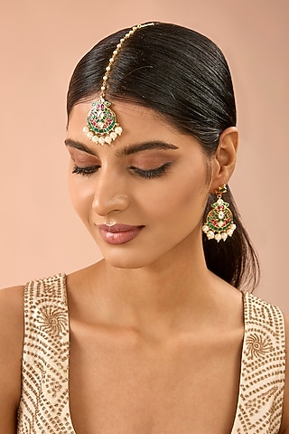 Gold Plated Jadau Kundan Polki & Natural Gemstone Dangler Earrings With Maangtikka by Shlok Jewels
